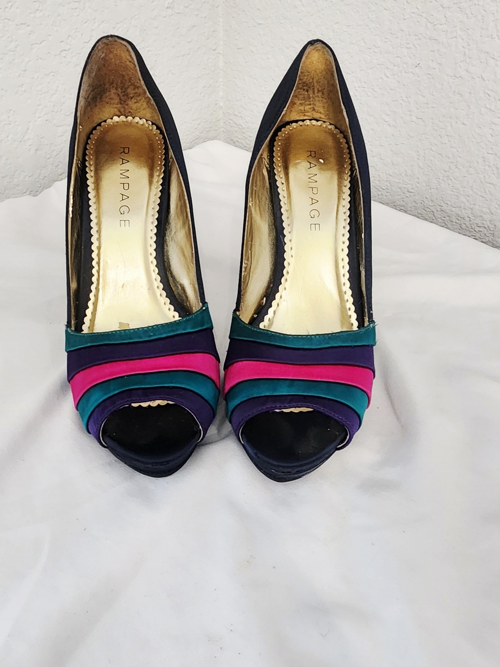 Rampage Navy Peep-Toe Heels with Pink, Teal & Purple Stripes